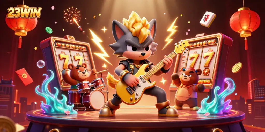 Engage with the thrilling 23WIN casino scene featuring a rock star wolf and energetic drummer bear.