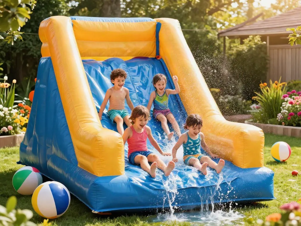 Children enjoying a slide in the water on an inflatable water slide in a sunny garden.