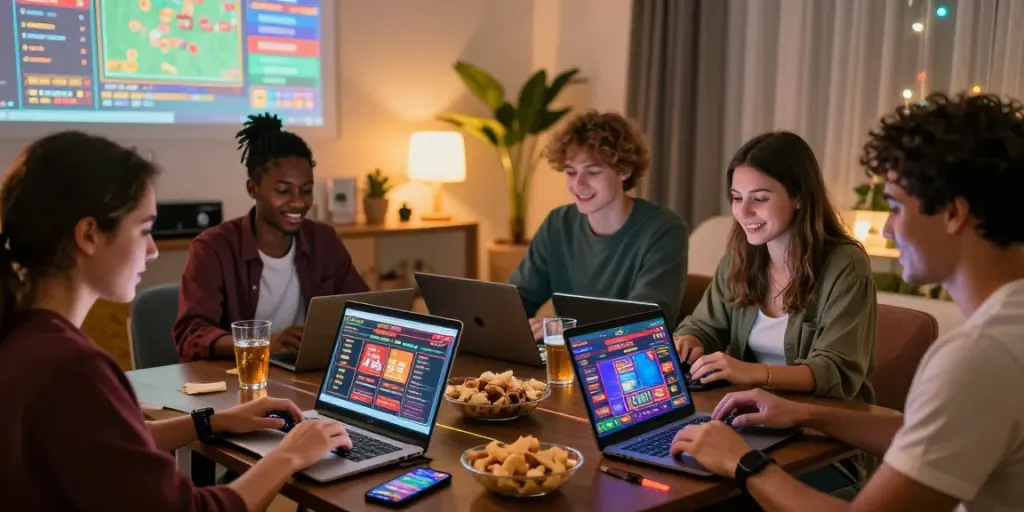 Group enjoying a gaming night at home exploring non gamstop casinos on laptops and mobile devices.