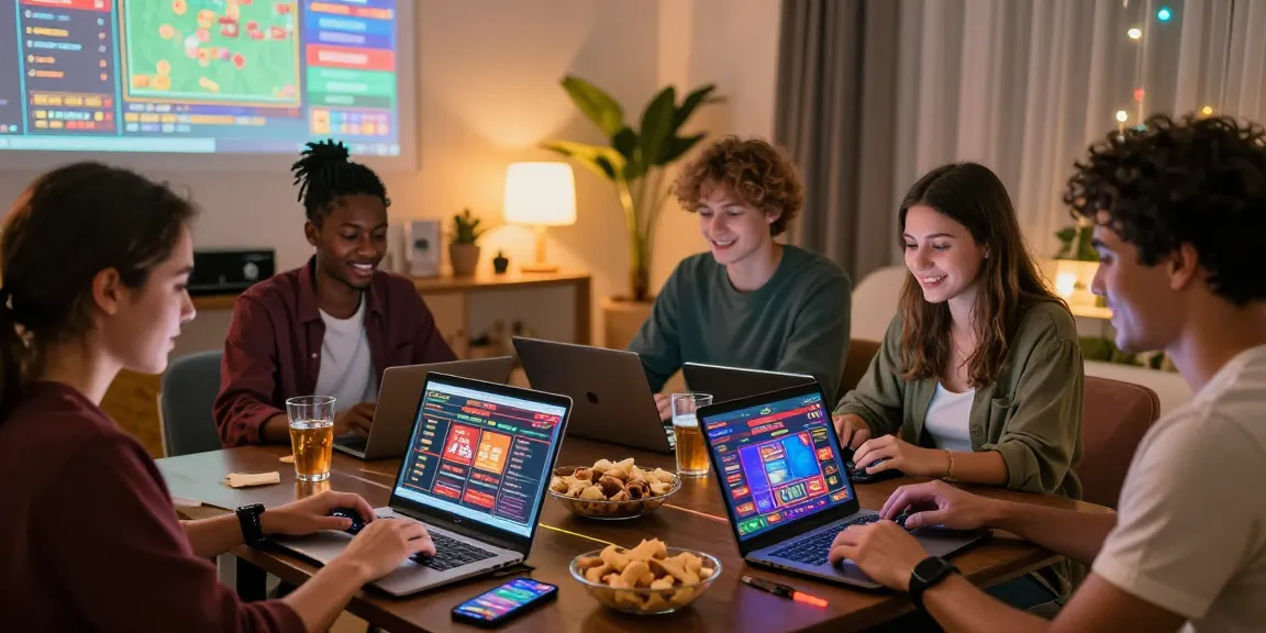 Group enjoying a gaming night at home exploring non gamstop casinos on laptops and mobile devices.