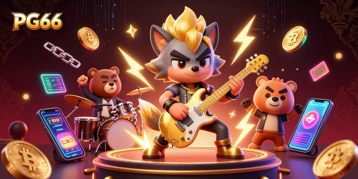 PG66 energizes the casino experience with a vibrant 3D rock star wolf performance amidst booming crypto elements.