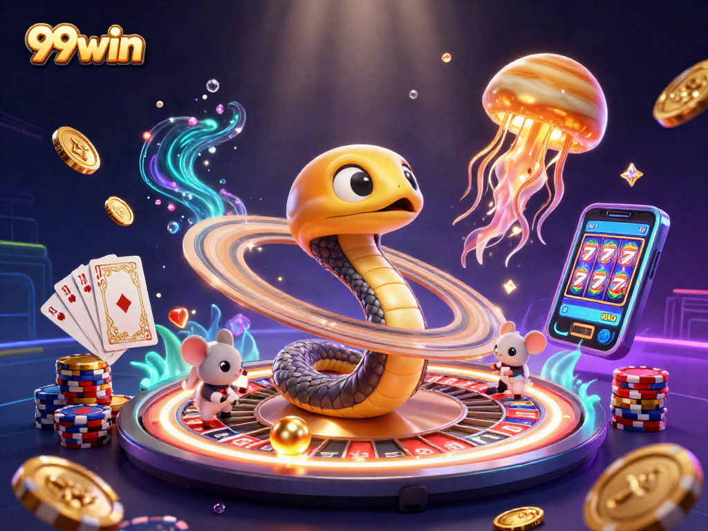 Experience thrilling bets with 99win as snakes spin roulette, surrounded by cosmic casino elements.