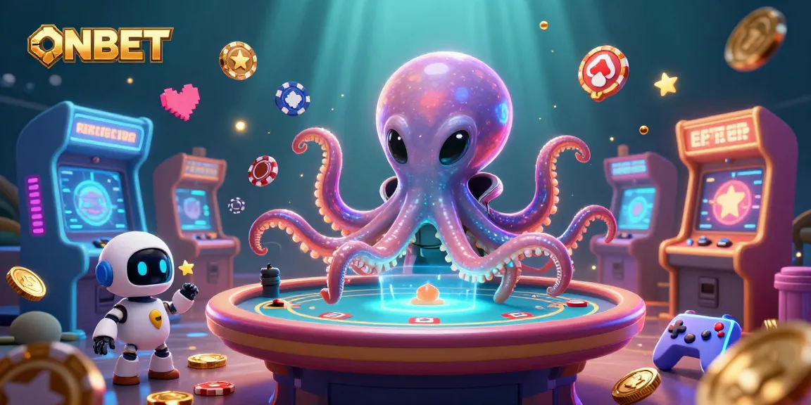 Engage with ONBET's colorful alien casino scene featuring an octopus dealer and game elements.