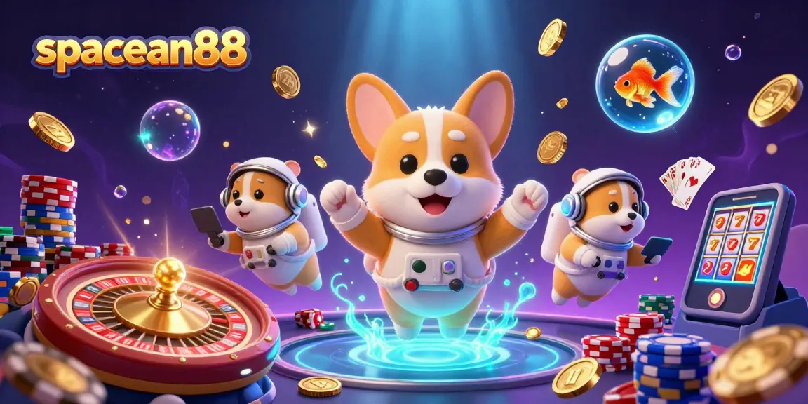 spaceman88 showcases an astronaut corgi in a vibrant casino space setting, floating poker chips and coins