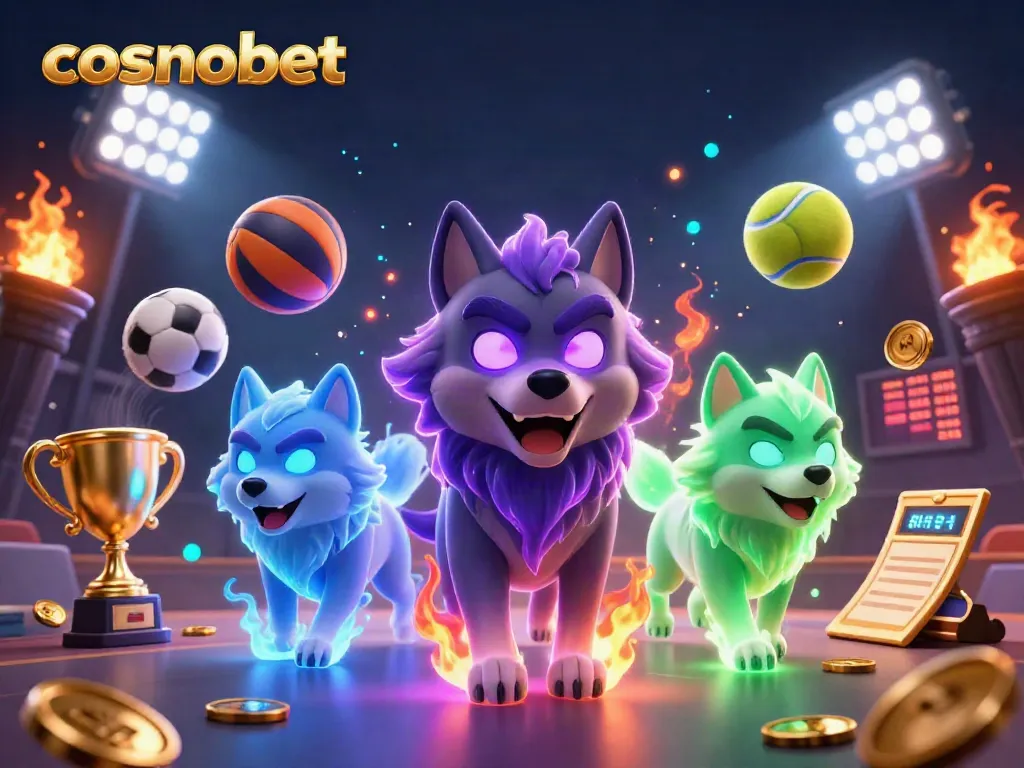 Engage in thrilling sports betting excitement with Cosmobet's immersive gaming experience featuring vibrant wolves and sports elements.