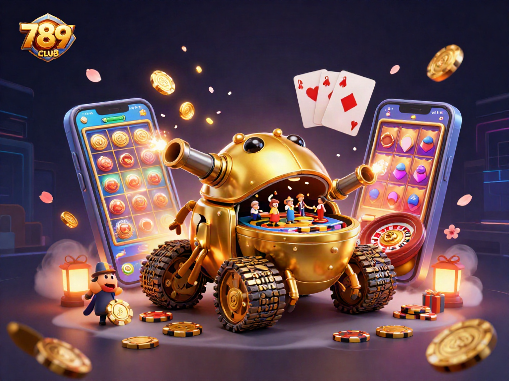 Experience thrilling games at 789CLUB with vibrant visuals of a bustling casino within a golden beetle tank.
