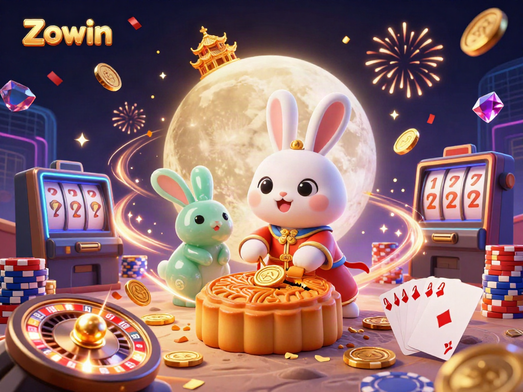 Experience excitement with Zowin, featuring moon rabbits and casino elements in a vibrant 3D scene.