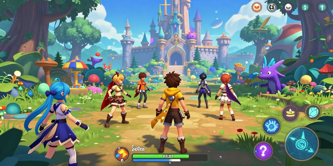 Dynamic ecchi game scene showcasing animated characters in a vibrant fantasy landscape.