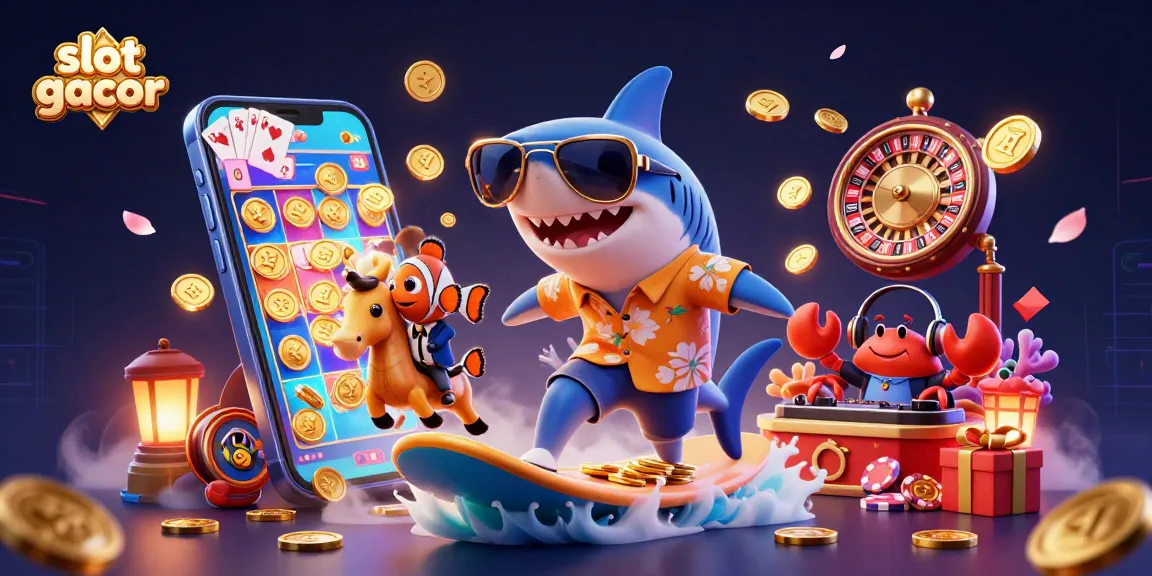 Engage with slot gacor gameplay in a vibrant 3D scene featuring lively marine characters and exciting casino elements.