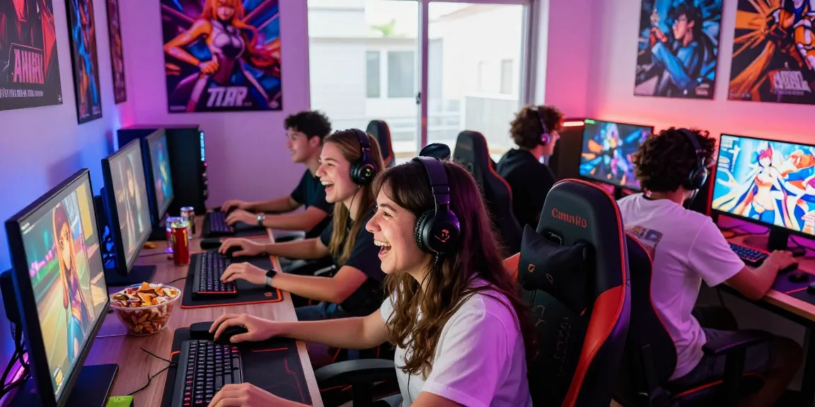 Friends enjoying a hentai game together in a colorful gaming room filled with energy and excitement.