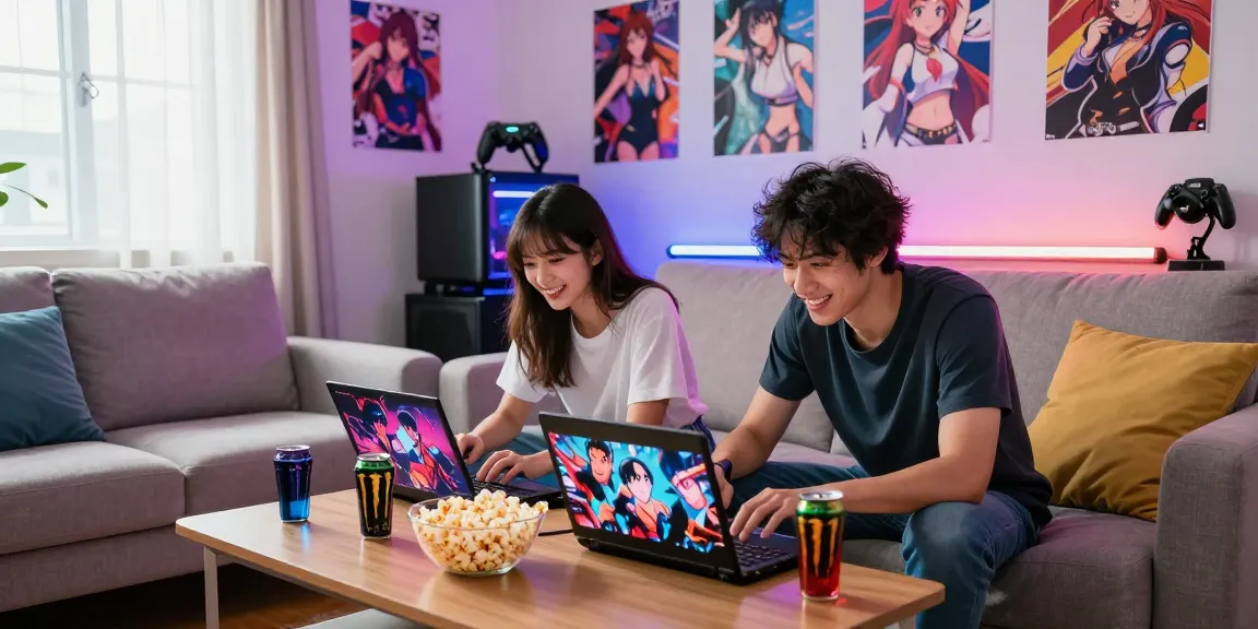 Players enjoying ecchi games in a cozy living room with anime decor and snacks
