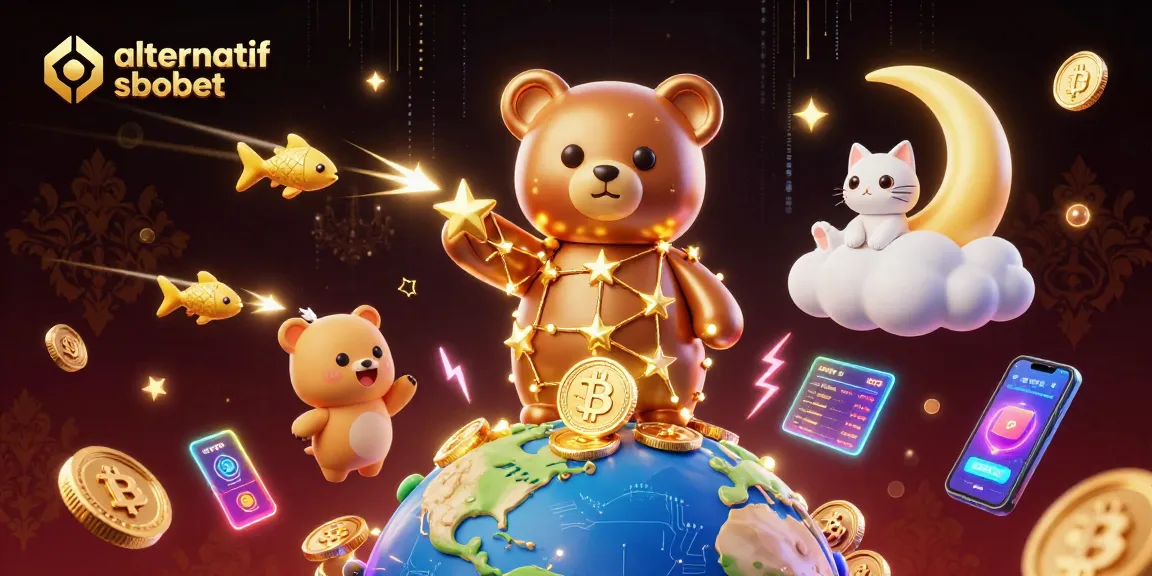 Engage with alternatif sbobet through thrilling betting action highlighted by 3D coins, shooting stars, and vibrant game elements.