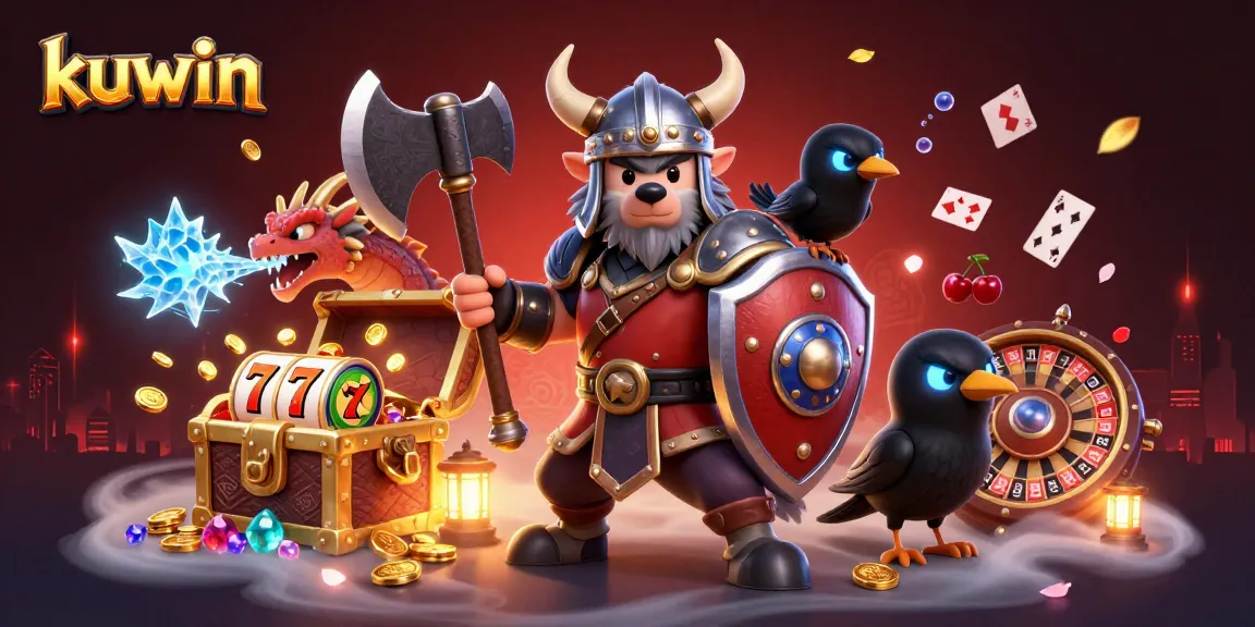 Kuwin attracts players to online slots with a vivid 3D Viking-themed casino scene.