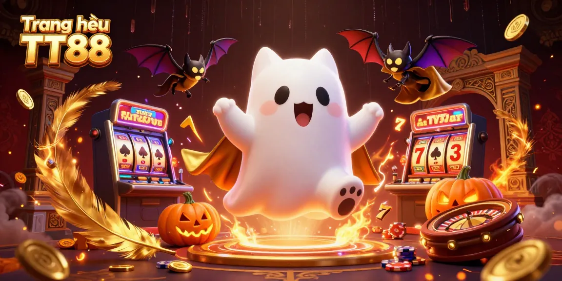 Engage in lively games and bonuses at Trang chủ TT88, featuring a ghost cat and vibrant casino elements.