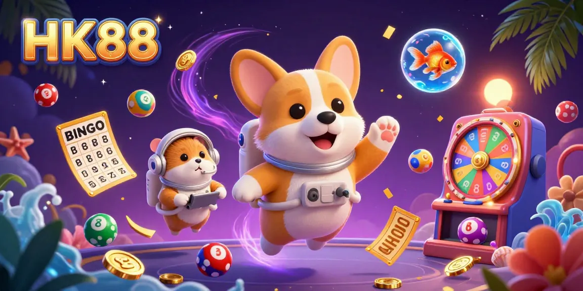 Join the fun at HK88 with a vibrant casino scene featuring playful characters and dynamic lottery elements.