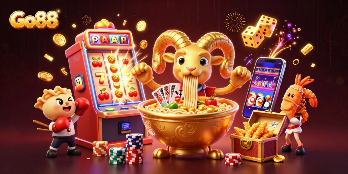 Go88 brings excitement with vibrant 3D characters winning big on slots in a lively casino scene.