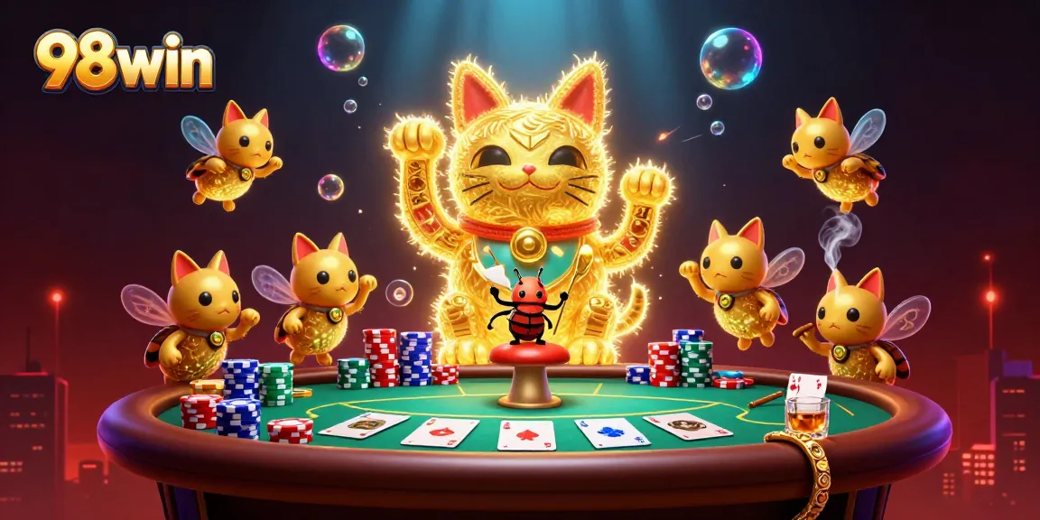 Engage in the thrill of online gaming with 98win's vibrant casino-themed illustration