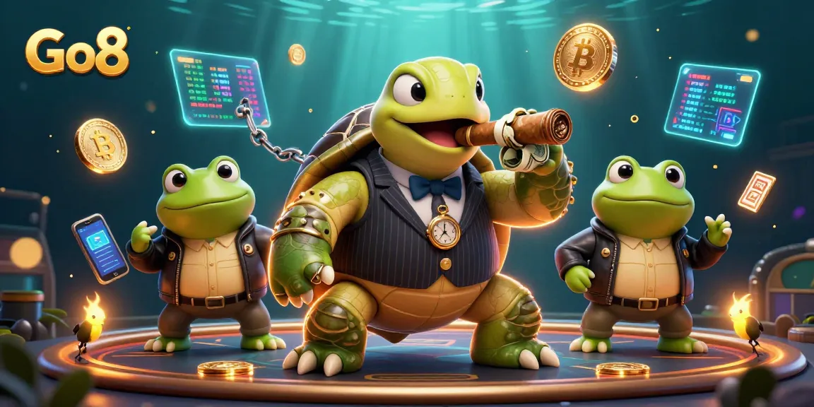 Engage in thrilling crypto action with Go8, featuring a snapping turtle and bullfrog enforcers in a vibrant casino setting.
