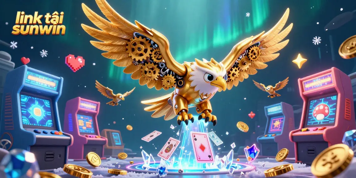 Experience the thrill of gaming with link tải sunwin as a cybernetic eagle dives through holographic cards, showcasing the excitement of online casinos.