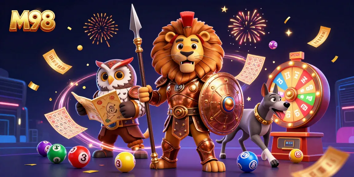 M98 showcases a dynamic scene featuring a Spartan lion, owl strategist, and greyhound amidst colorful lottery elements.