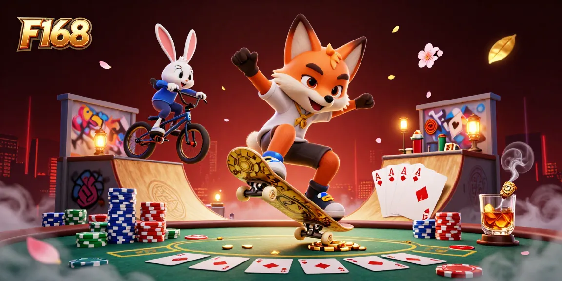F168 rewards players with vibrant casino graphics, featuring a fox and rabbit in an action-packed 3D scene.